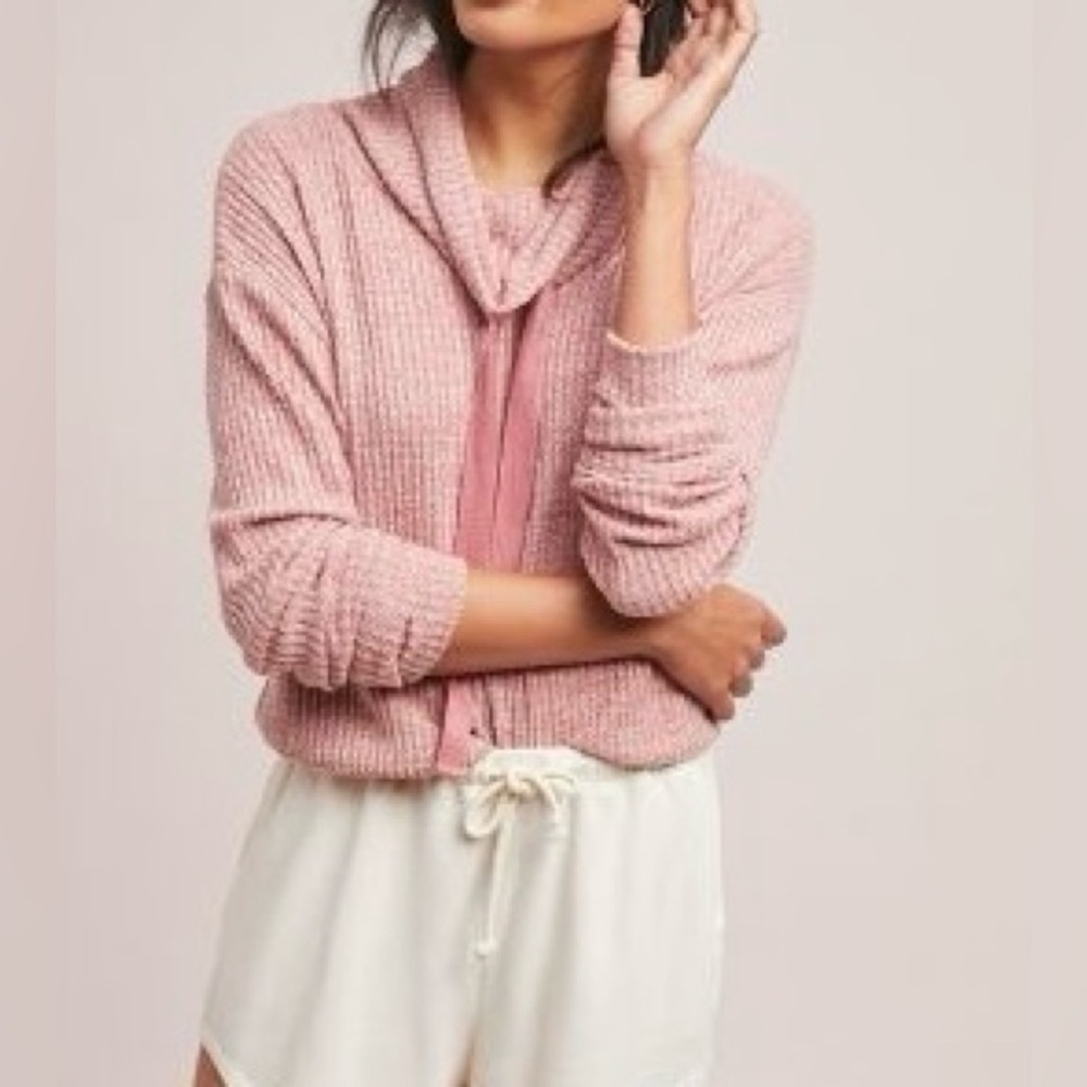 Saturday Sunday by AnthropologiePink Cowl Neck Textured Waffle Knit Sweater